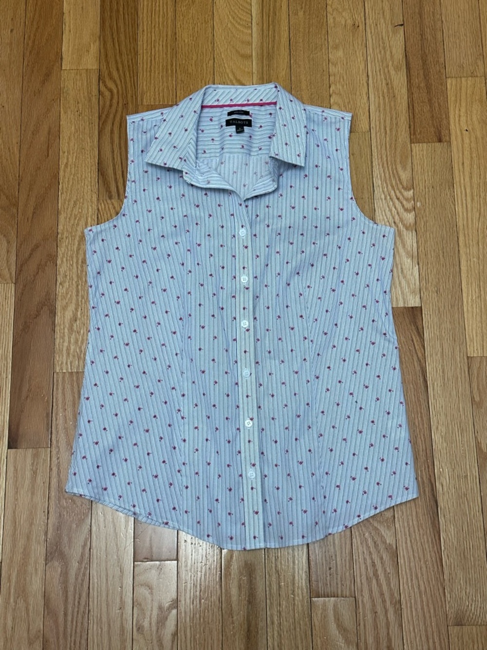 Talbots Blue and White Sleeveless Button-Up Top with Pink Palm Tree Print